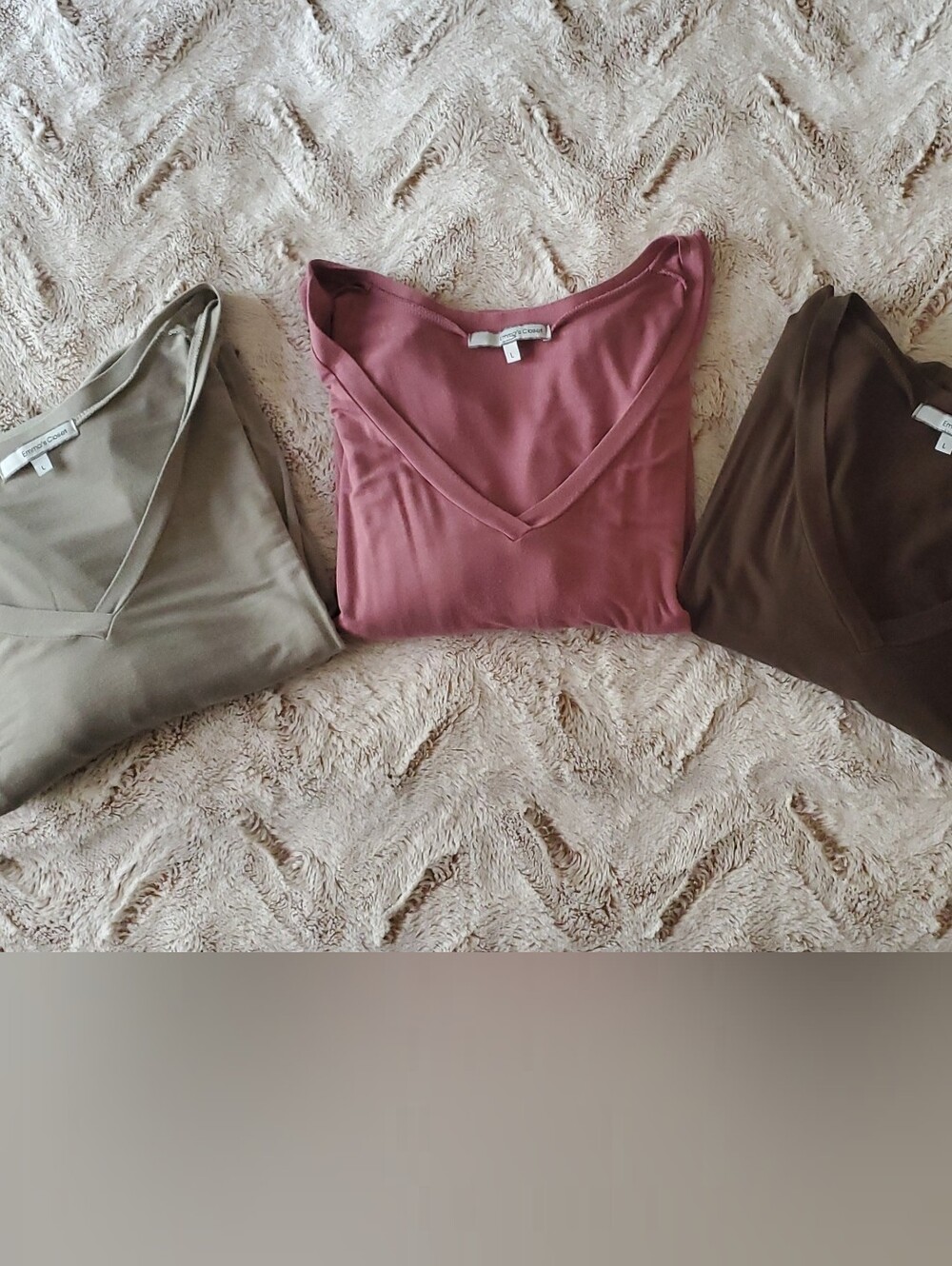 Three V-Neck Knit Tops in Sage, Mauve, and Olive Green